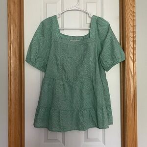 LOFT Dotted Lacy Tiered Square Neck Top in Teal Whisper Size Medium